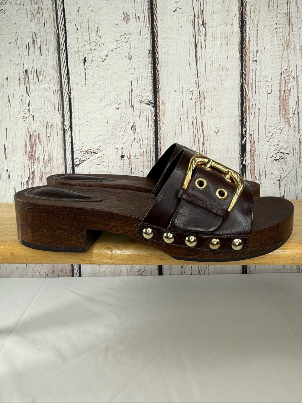 Schutz Irie Clogs Chestnut Brown Leather Gold Buckle Wooden Slides Sandals 10